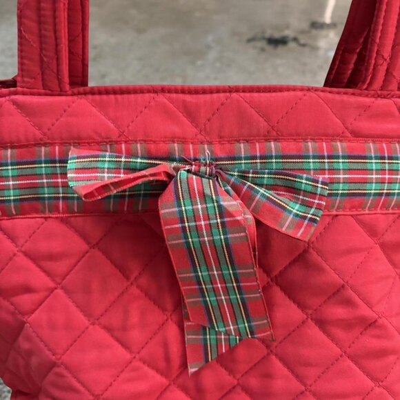 Red Quilted Christmas Tote & Wallet Set, Tartan Plaid Bow, Zip Top Shoulder Bag - Picture 4 of 8